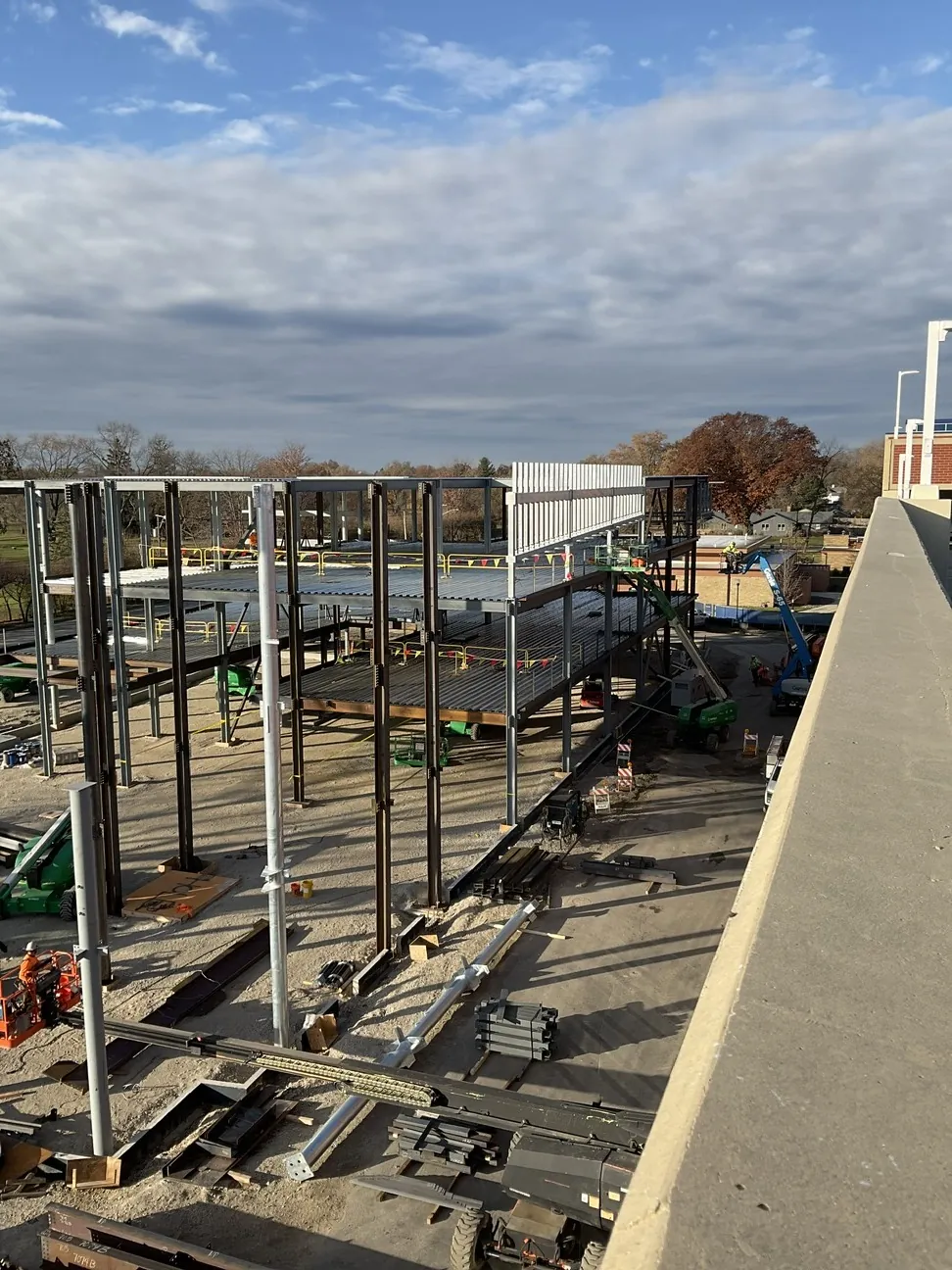 Aurora University Learning Commons: the frame from above, with floor deck and stair openings