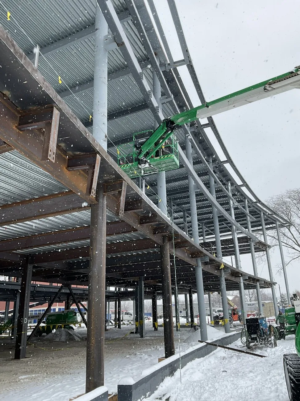 Aurora University Learning Commons: the curved floor edge and decked floors in fresh snow