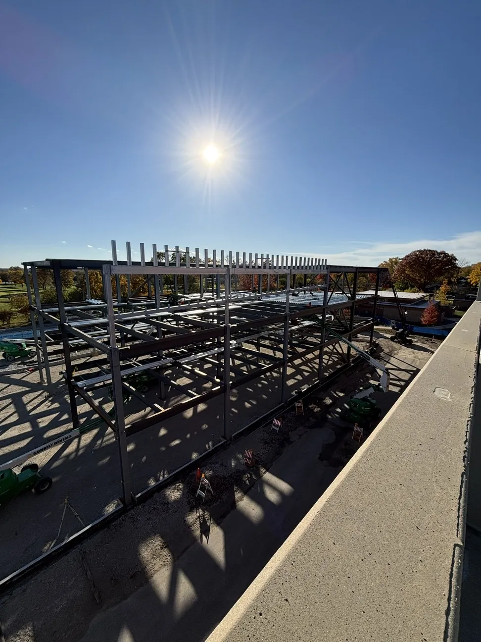 Aurora University Learning Commons: the frame from above, with the roof screen framing in silhouette