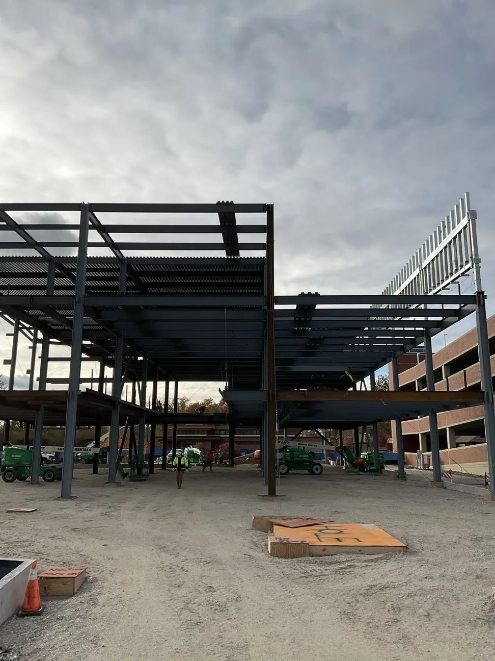 Aurora University Learning Commons: floor deck and roof framing, with the screen framing at the roof edge