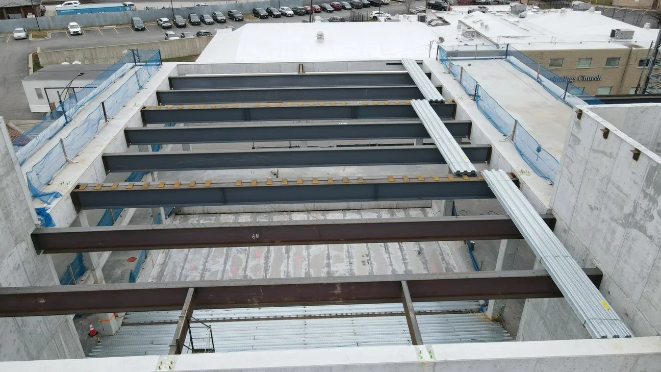 Project HOOD: aerial view of floor beams between the concrete walls