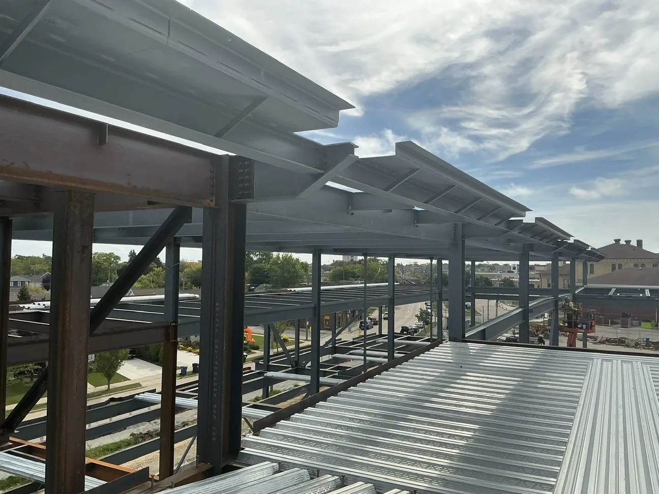 Lincoln King Center: looking out over the decked floor and cantilevered roof beams