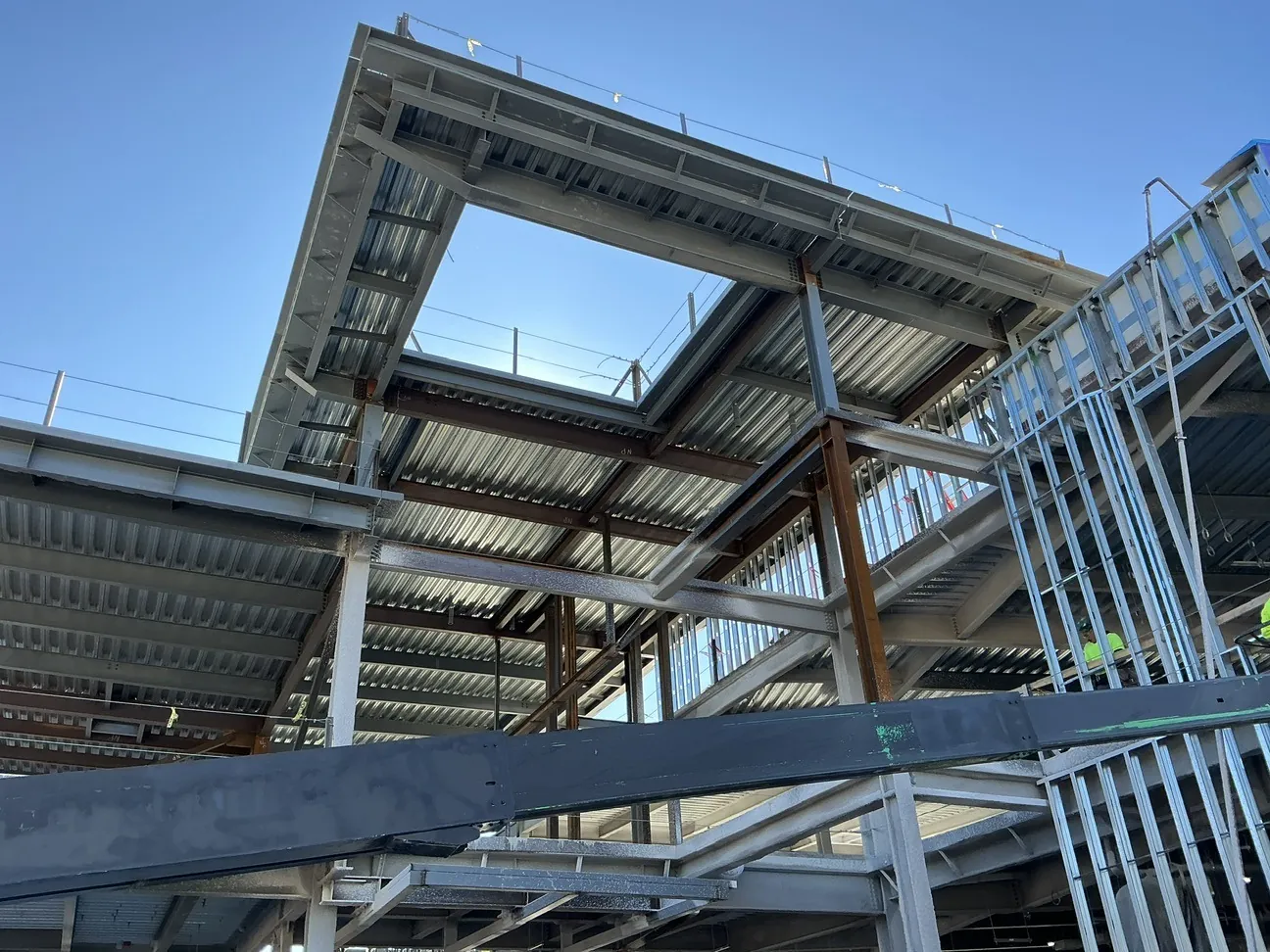 Lincoln King Center: stair and floor framing inside the frame, with light-gauge framing going in