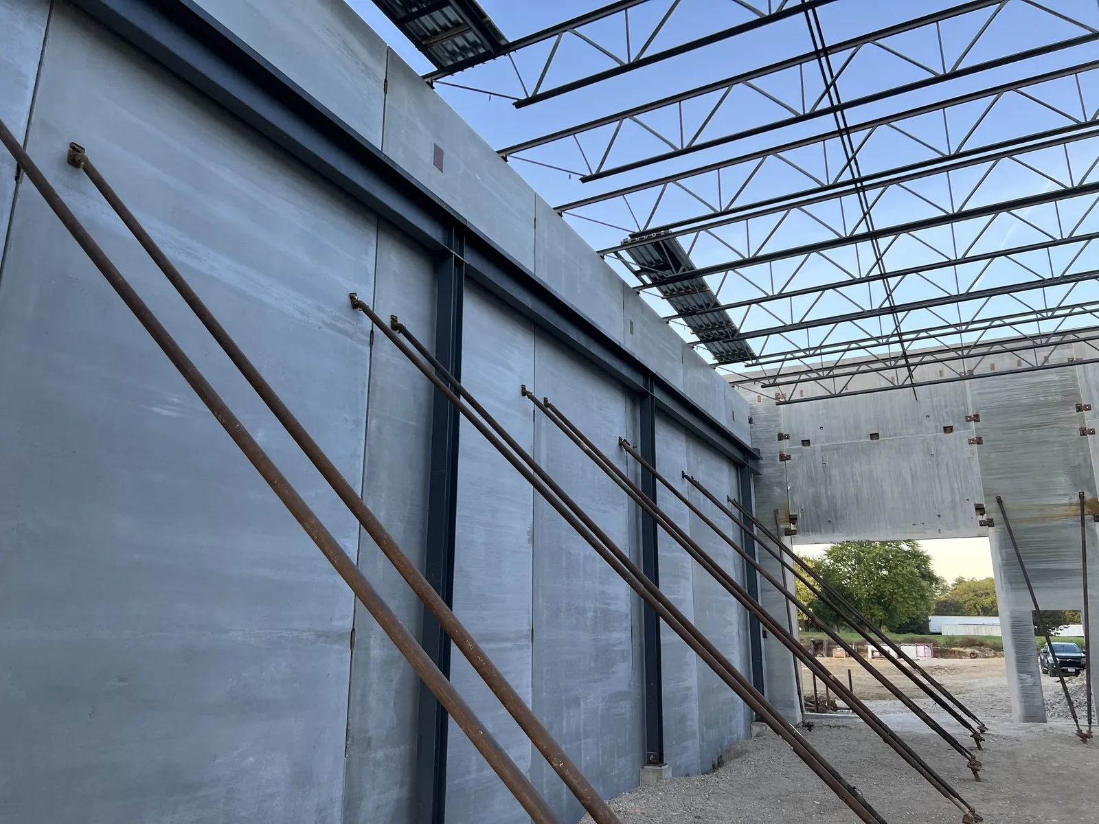 Montgomery Public Works: columns set against the braced precast wall panels, with roof joists above