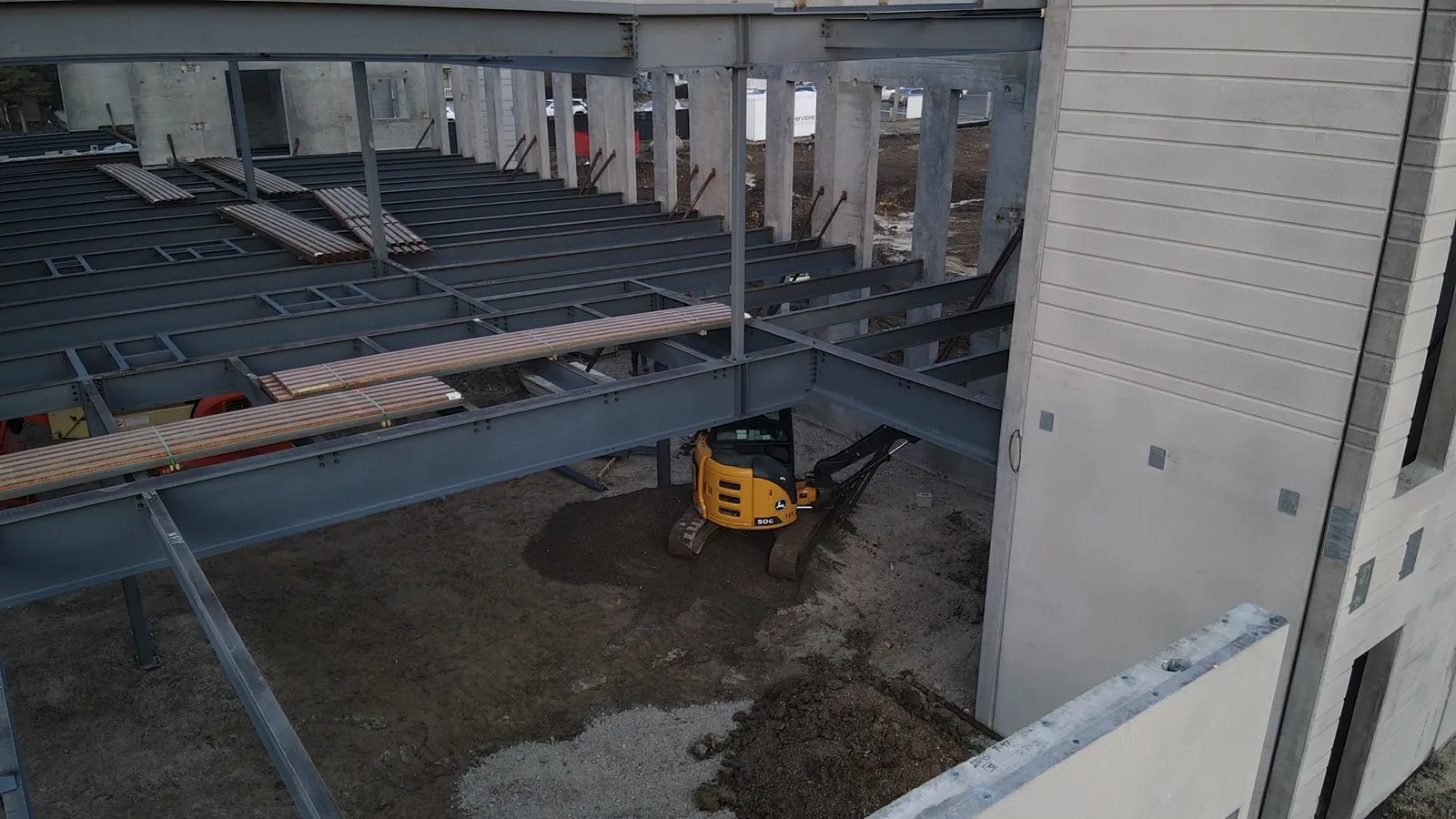 North Aurora Fire District Headquarters: aerial view of floor beams framing into the precast walls