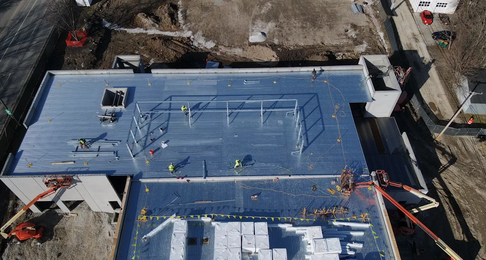 North Aurora Fire District Headquarters: aerial view of the roof, with steel frames set on the deck