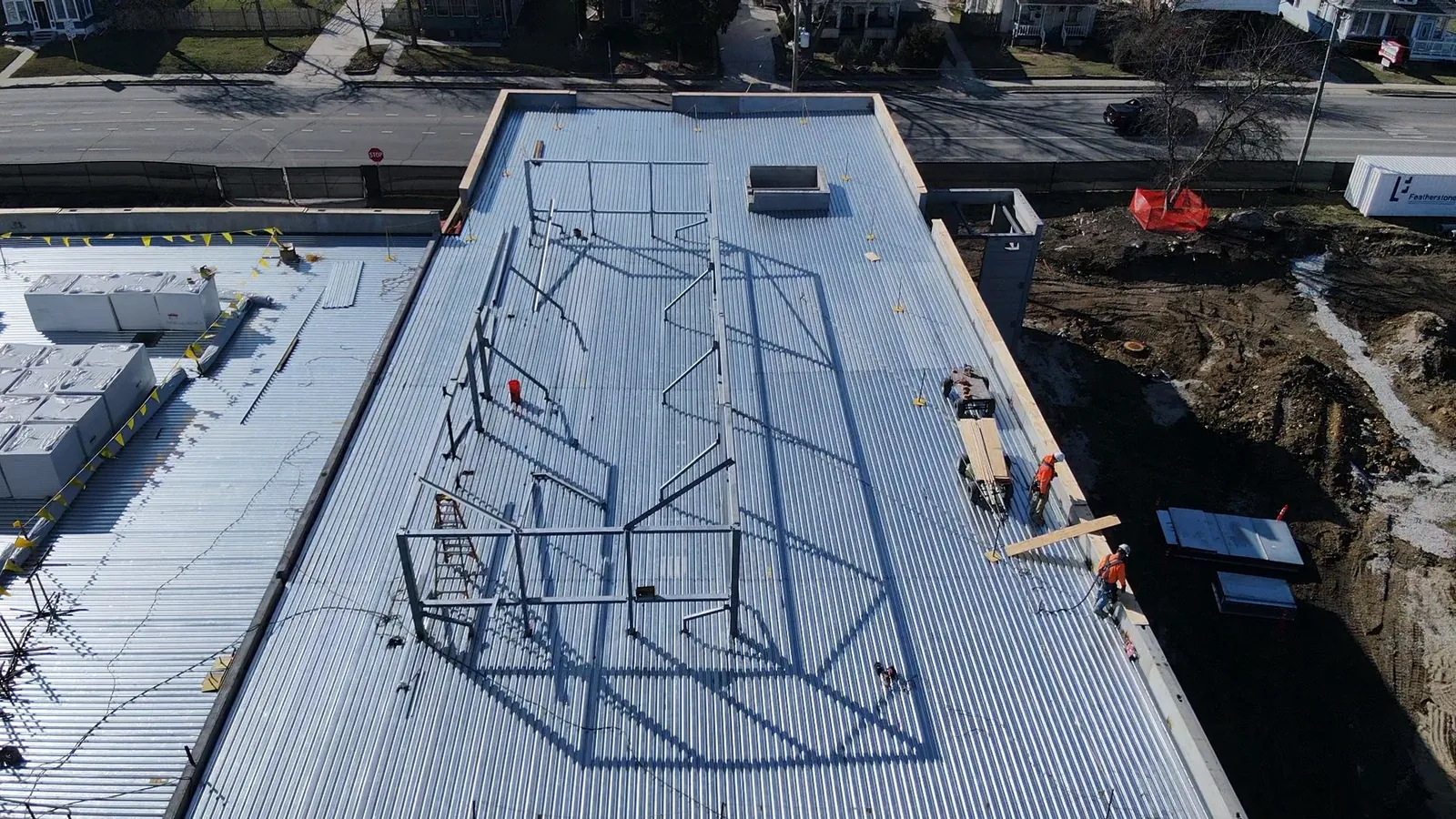 North Aurora Fire District Headquarters: aerial view of the roof deck, with steel frames set on top