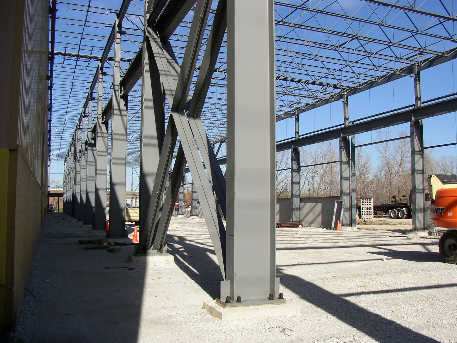Steel columns, girders and joists on a building frame